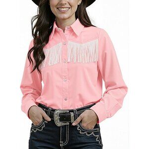 Women's Pink Fringe Pearl Snap Western Long Sleeve Button Down Country Shirt